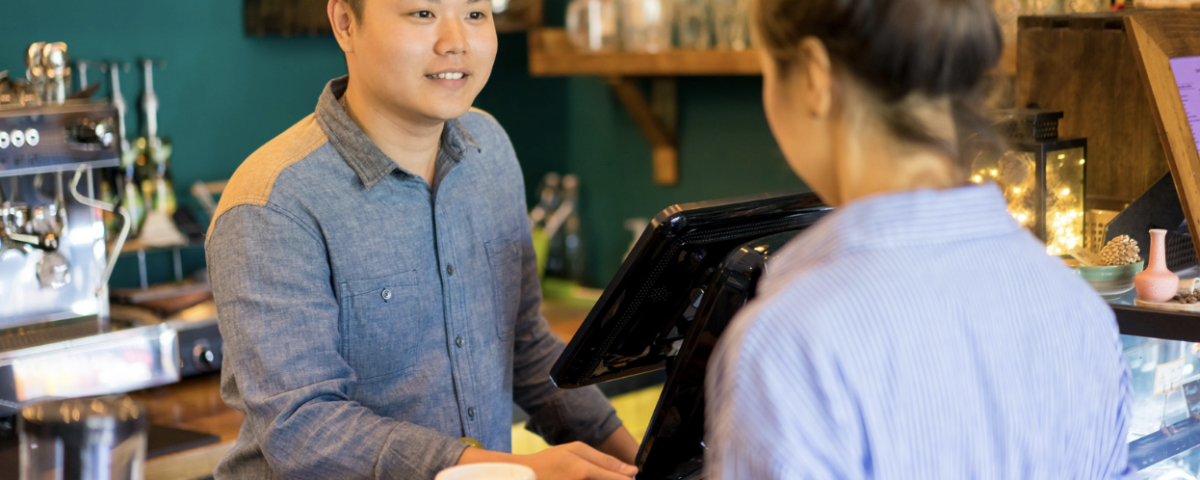 Asian restaurant cashier taking order. Upsell